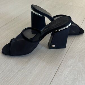 CHANEL Black Heels with Pearl Accent